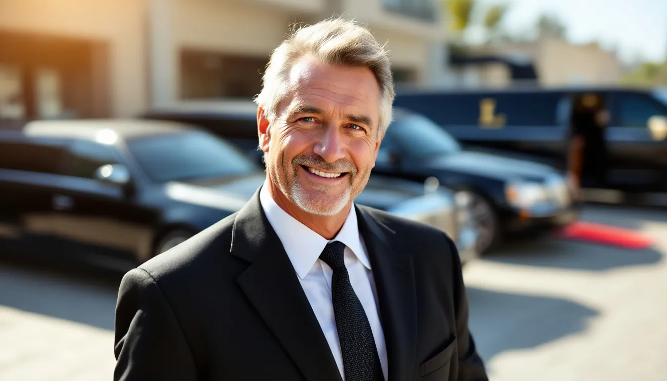 A limousine company owner stands confidently in front of a fleet of limousines in an outdoor lot, smiling at the camera on a sunny day. This image highlights the limo business's potential for growth over decades, showcasing the vehicles that could benefit more people from limousine adn truck financing and flexible financing options.
