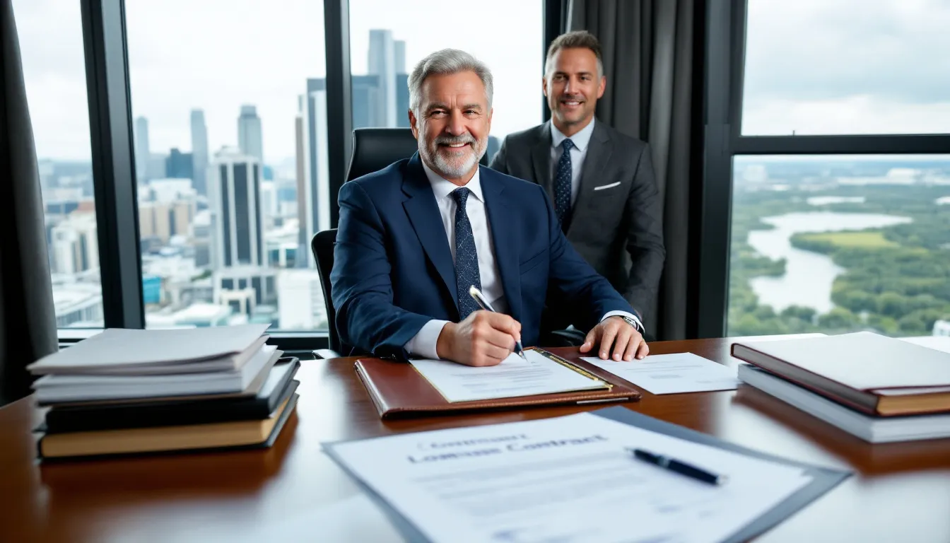 A business developer is seated at a desk, reviewing financial documents and finalizing a land development loan to acquire raw land for a real estate project. The scene conveys a sense of careful planning and strategic decision-making, essential for successful land acquisition and development.
