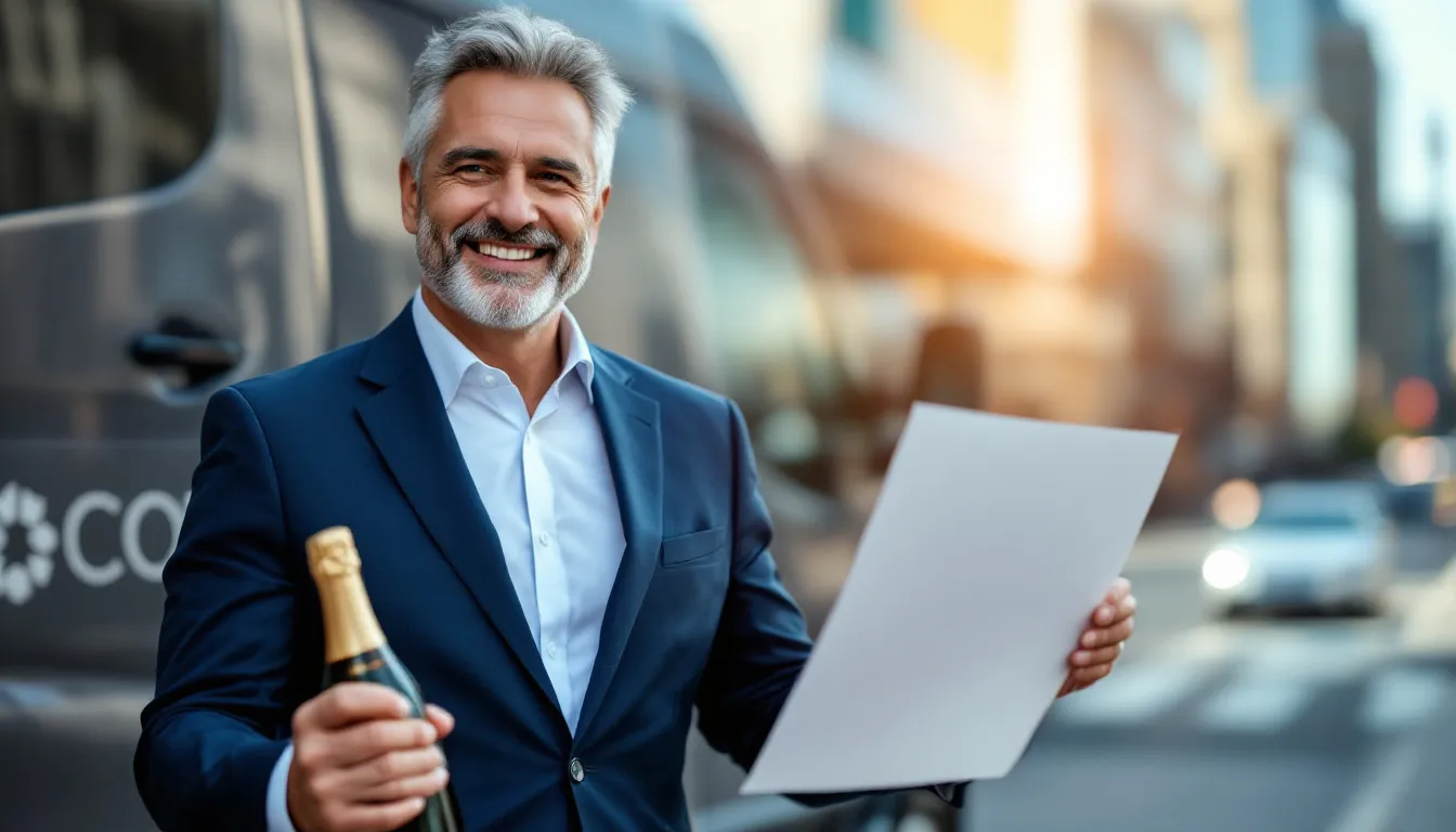 An owner of a company stands proudly next to a fleet of vans, celebrating the successful closure of a loan for commercial fleet financing to expand their business operations. This moment signifies a significant step in managing cash flow and enhancing their fleet vehicles to meet operational requirements.