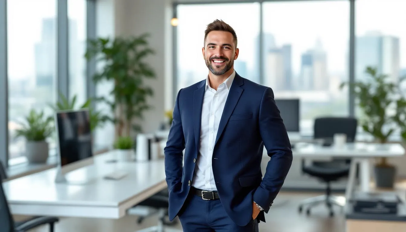 A confident small business owner stands in their office, smiling and looking successful after utilizing invoice factoring to enhance cash flow. The image conveys a sense of financial stability and growth opportunities achieved through effective accounts receivable financing.