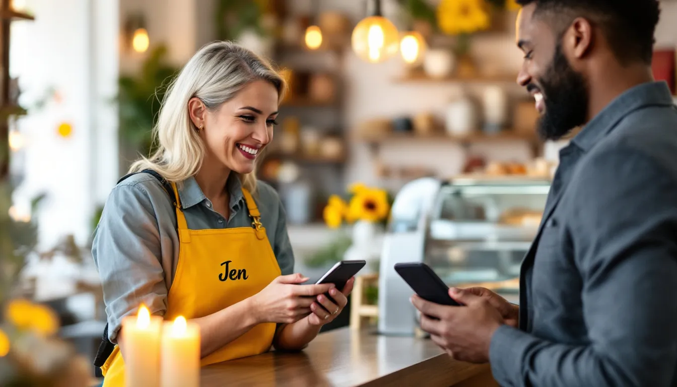 A small business owner and a customer are engaged in a transaction, both holding their phones to show they are using the Cash App for business payments. The scene highlights the convenience of mobile transactions as they complete their business account interactions.