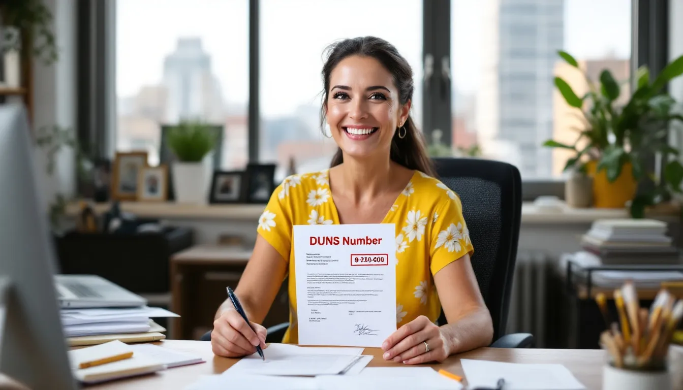 A small business owner is smiling with satisfaction after successfully receiving their company's D-U-N-S Number, a unique nine-digit identifier crucial for establishing their company's live business identity. This number enhances their business credit profile, facilitating connections with potential partners and access to government contracts.