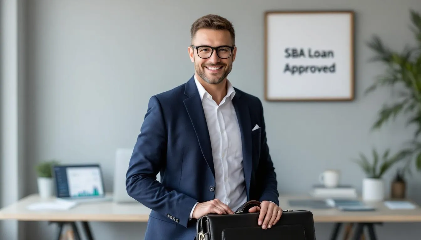 A confident self-employed ecommerce specialist stands proudly, having successfully secured an SBA loan to support their small business. The image reflects their achievement in navigating the financial landscape, showcasing the importance of SBA loans for self-employed business owners.