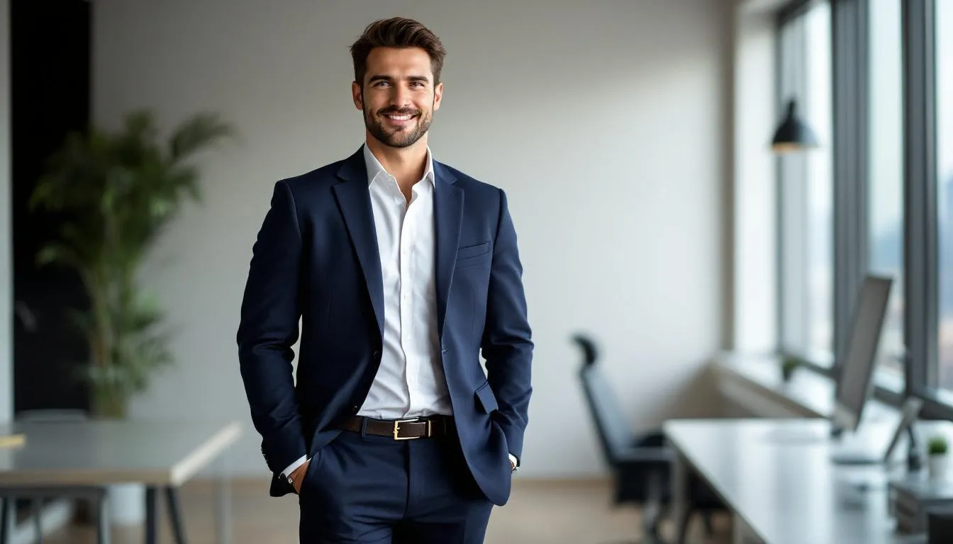 A confident small business owner stands proudly in their office, having successfully secured a small business loan to enhance their business operations. The image reflects the positive impact of business financing, showcasing the owner's determination to cover operating expenses and improve cash flow.