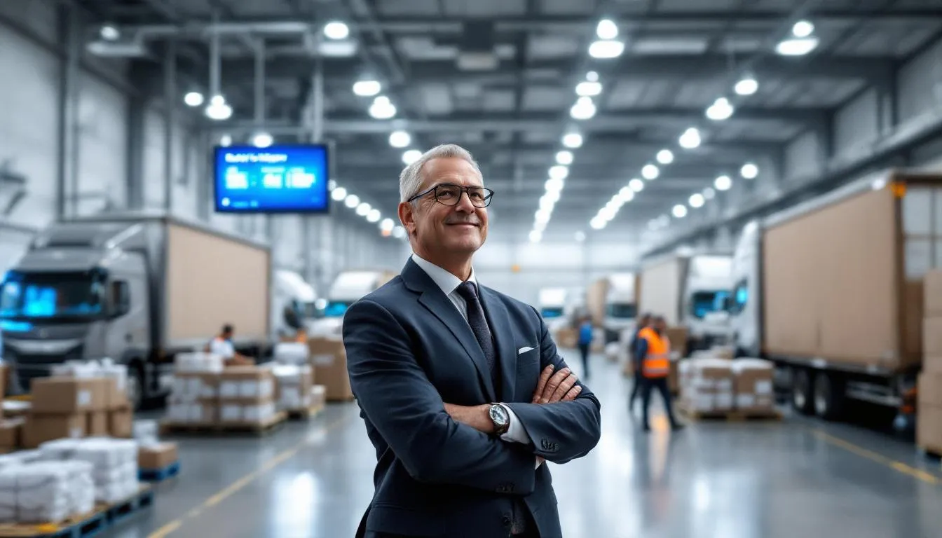 In the image, a confident factory owner stands in a bustling warehouse as shipping trucks depart, symbolizing the successful shipping of finished goods. This scene reflects the positive impact of improved cash flow through financial tools like small business loans, emphasizing the growth and success of local businesses in West Virginia.