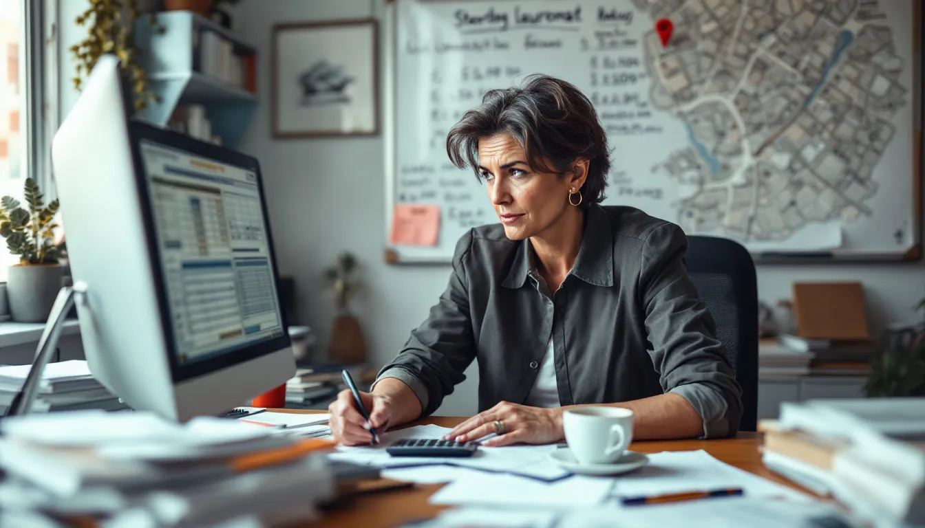 A small business owner sits at a desk, surrounded by paperwork and a calculator, focused on calculating the costs of starting a laundromat business. The scene conveys the importance of understanding payroll costs and potential tax credits, such as the employee retention credit, which could benefit eligible businesses during the startup phase.