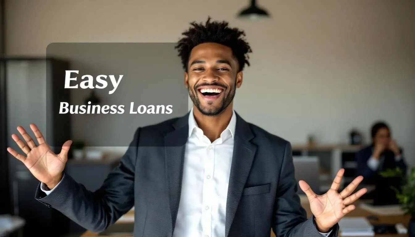 A small business owner stands triumphantly with a joyful expression after successfully securing a business loan, surrounded by symbols of business growth. The image features a transparent overlay that reads "Easy Business Loans," highlighting the importance of financing options for small businesses.