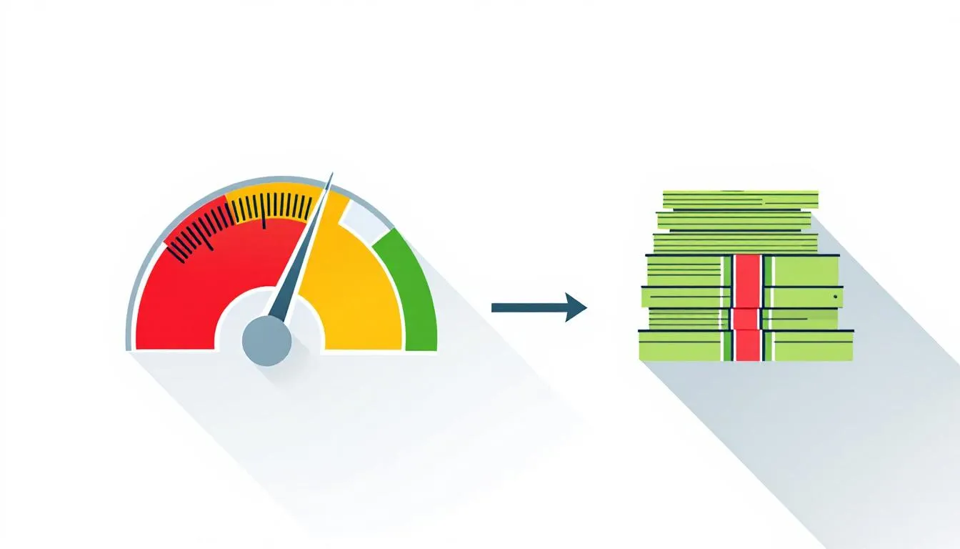The image illustrates the concept of a bad credit business loan, featuring a half-circle gauge divided into red, yellow, and green sections, with the needle indicating a low credit score between red and yellow. An arrow points from the gauge to a stack of cash, symbolizing the loan, highlighting the financial health challenges faced by real estate businesses in securing funding.