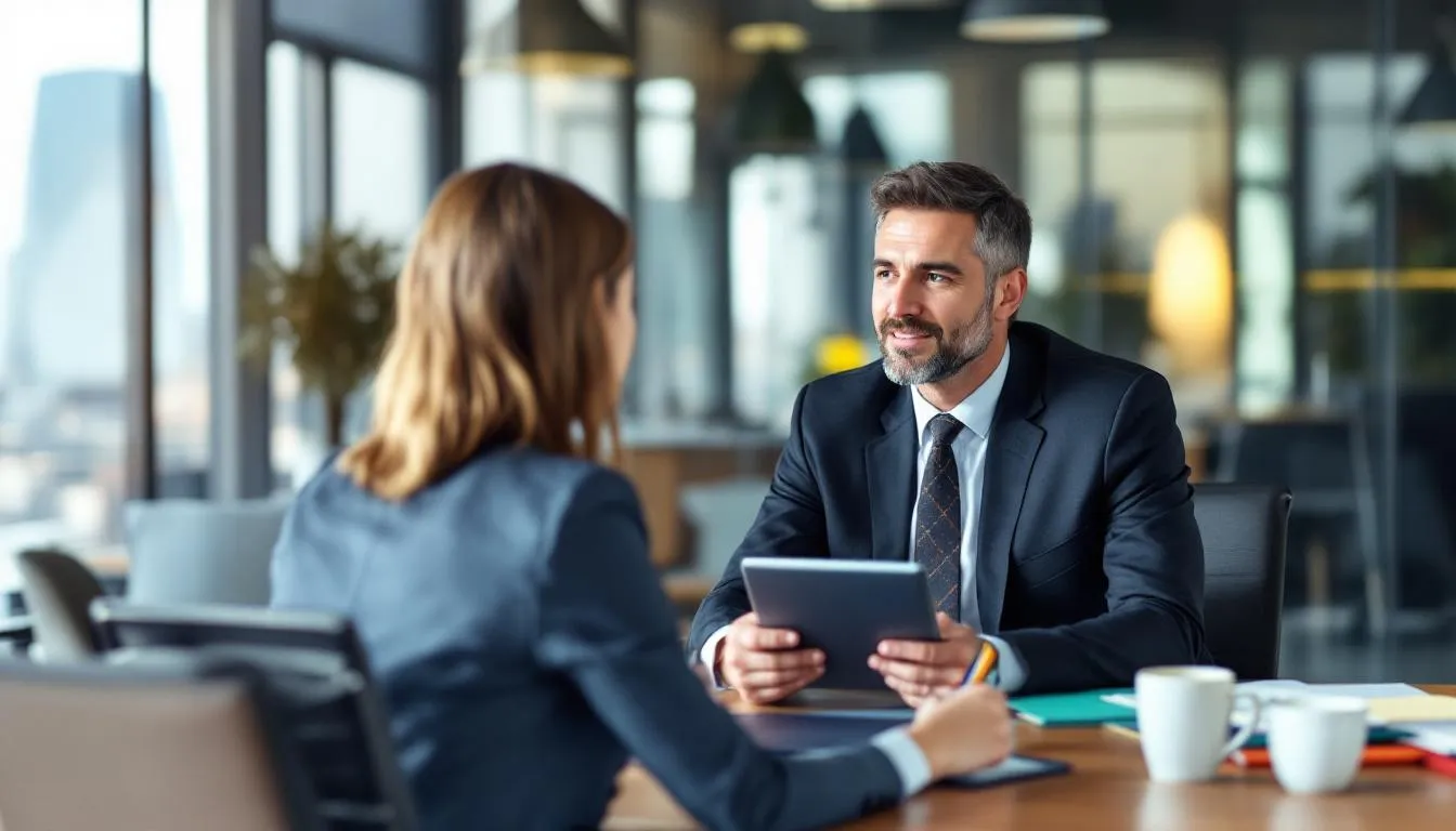 In the image, a small business owner is seated at a table with a business loan broker, discussing various financing options for their business needs. The broker is presenting information about competitive rates and approval rates for small business loans, while the owner appears engaged and interested in understanding the application process and eligibility requirements.