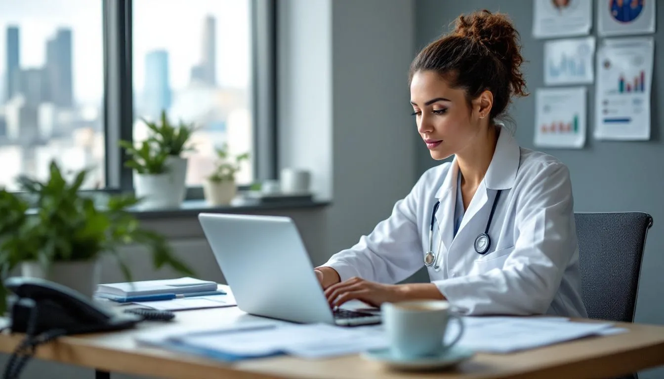 A healthcare professional is seated at a desk in their medical practice, thoughtfully reviewing various financing options for acquiring new medical equipment. The setting suggests a focus on improving patient experience and managing cash flow through equipment financing solutions while reviewing documentation like the balance sheet.