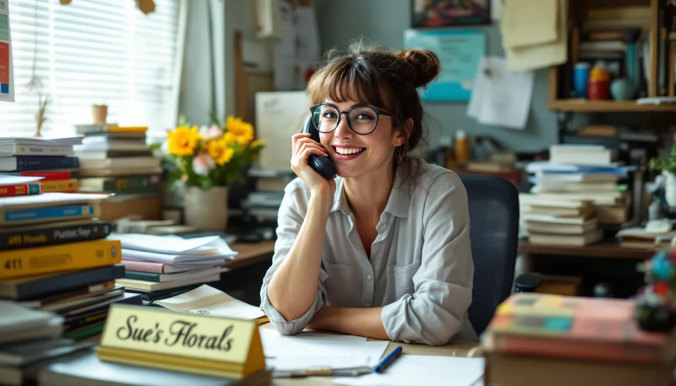 A small business owner is smiling while answering the phone on site, having just received a call from a customer who found their business listed in a 411 directory. The scene highlights the importance of directory assistance for connecting businesses with more customers through their business phone number.