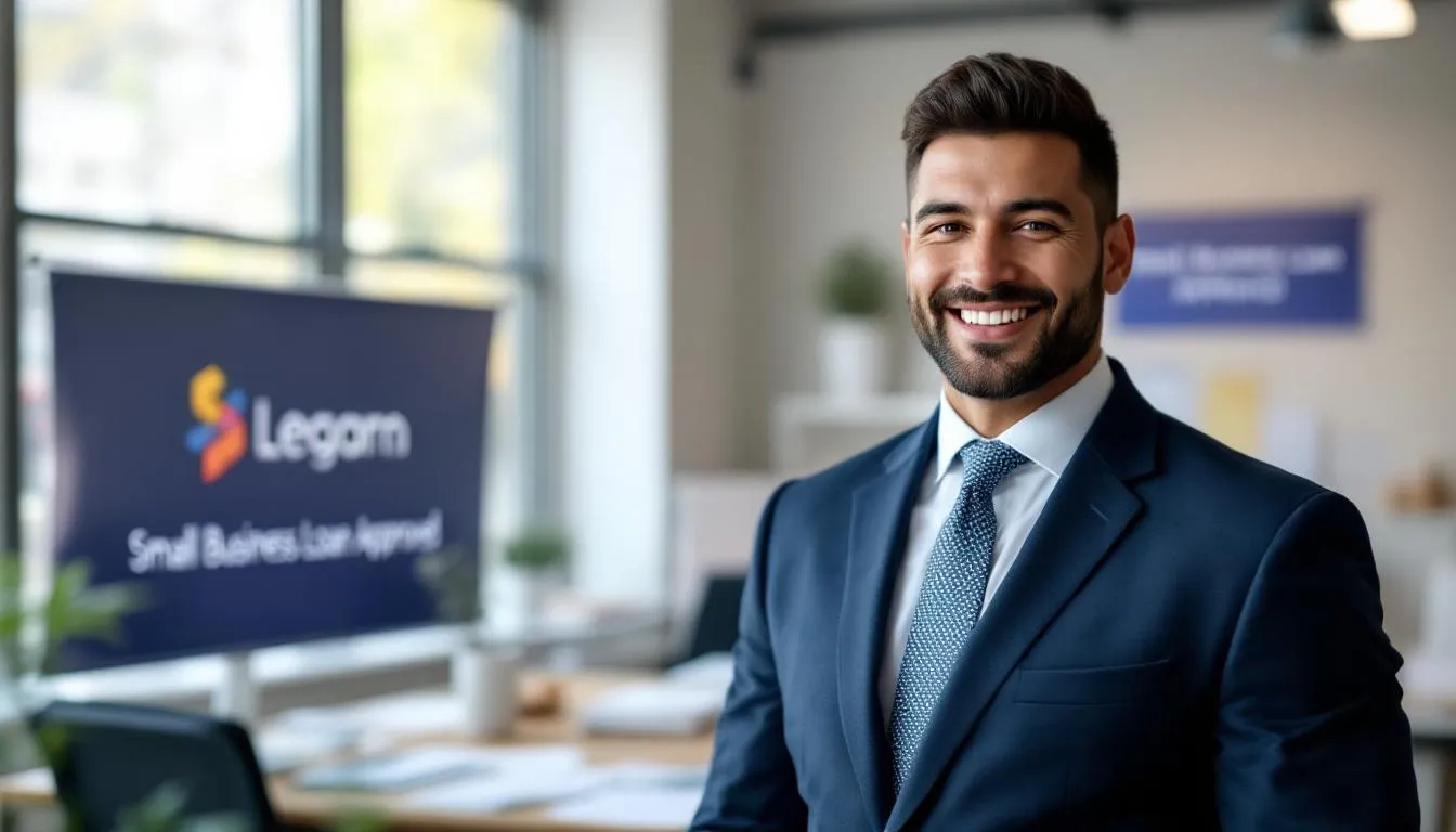 A confident small business owner stands proudly, showcasing their success after navigating the small business loan application process. They have secured an SBA loan, reflecting their strong credit history and sound financial management.