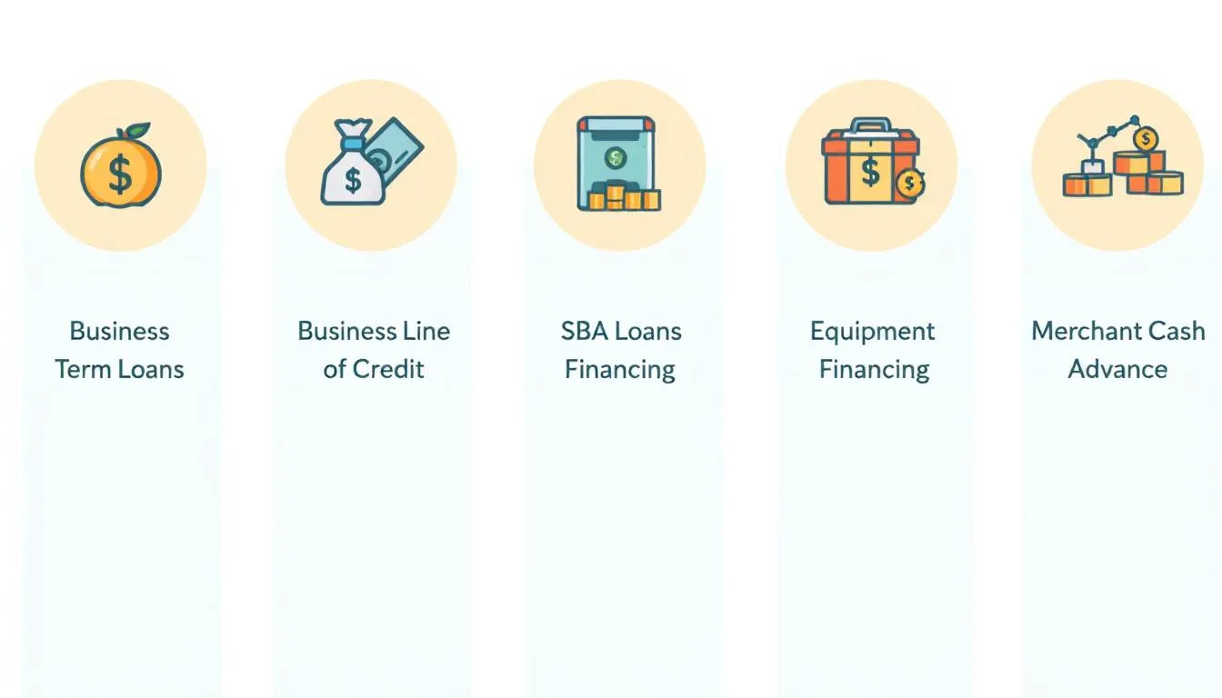 An infographic displaying various types of small business loans, including Business Term Loans, Business Line of Credit, SBA Loans, Equipment Financing, and Merchant Cash Advance, each represented by a distinct icon and labeled below. This visual guide aids small business owners in understanding their financing options, which can be crucial for managing cash flow and addressing unpaid debts.