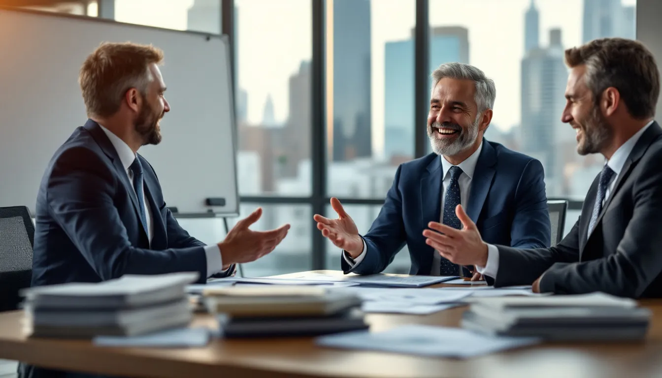 An insurance agent collaborates with a relationship manager in a modern office setting to discuss securing a business loan aimed at expanding their insurance agency operations. They are reviewing financing options and loan terms to meet the financial needs of the agency and enhance cash flow.