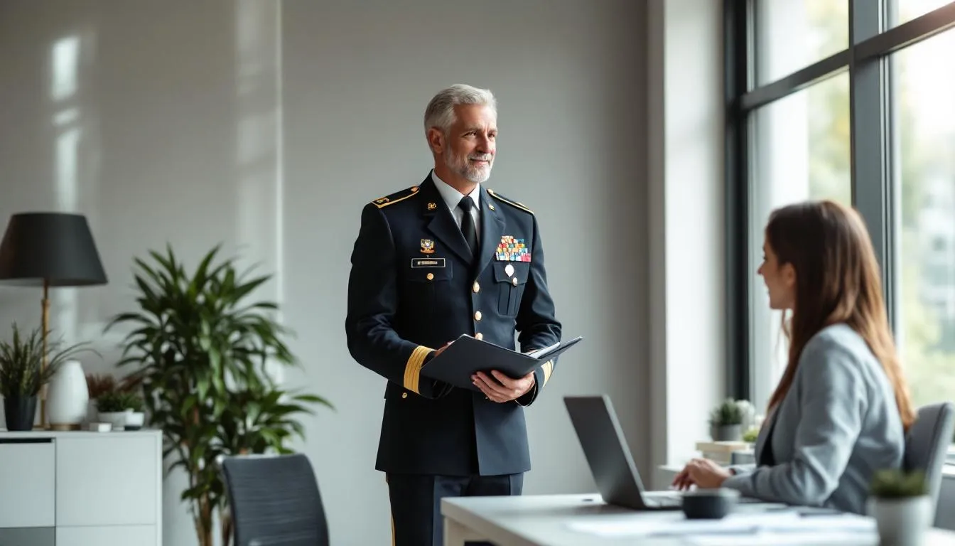 A military member dressed in formal regalia is seated across from a business loan broker, discussing small business loan options tailored for veteran entrepreneurs. The setting suggests a professional atmosphere focused on accessing capital for veteran owned businesses and exploring financing opportunities.