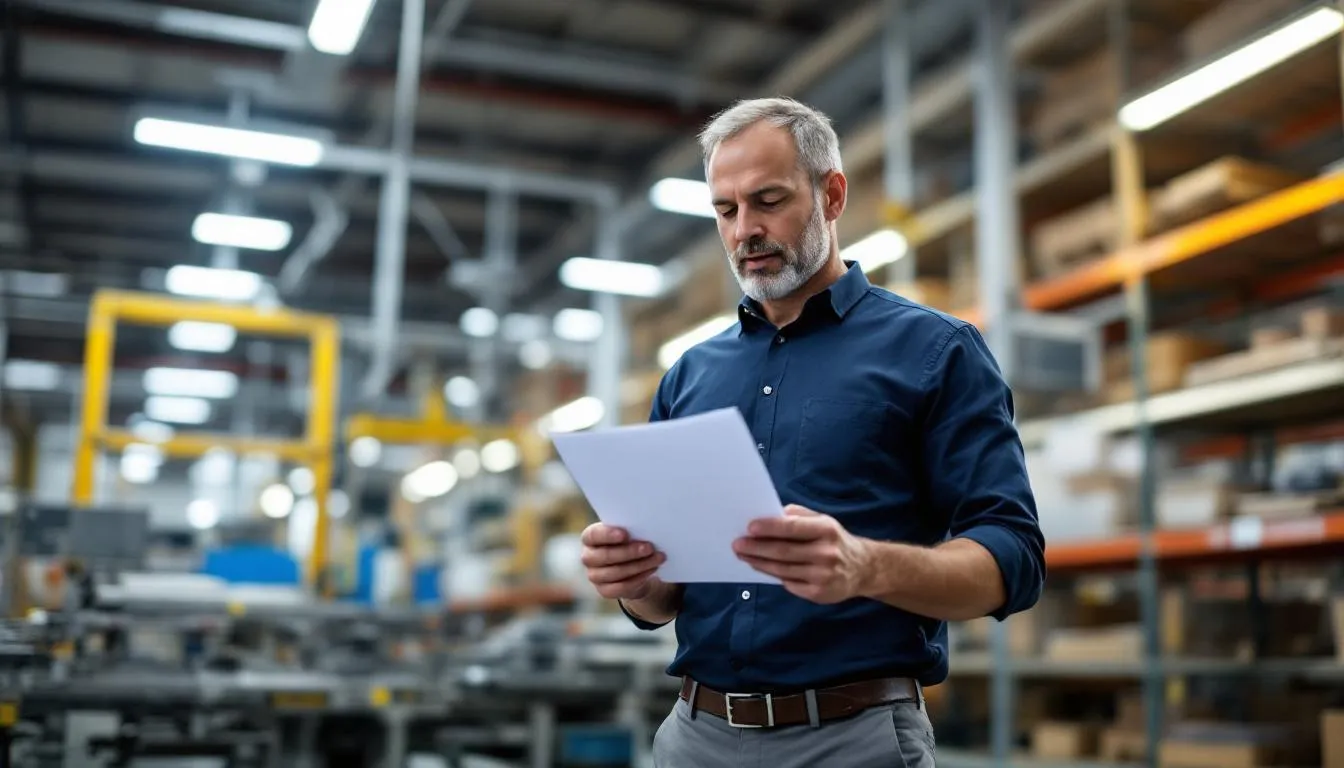 A small business owner stands on the factory floor, contemplating a reverse factoring solution offered by a buyer to improve cash flow and manage unpaid invoices. The scene highlights the importance of supply chain finance and the benefits of early payments through a reverse factoring program.
