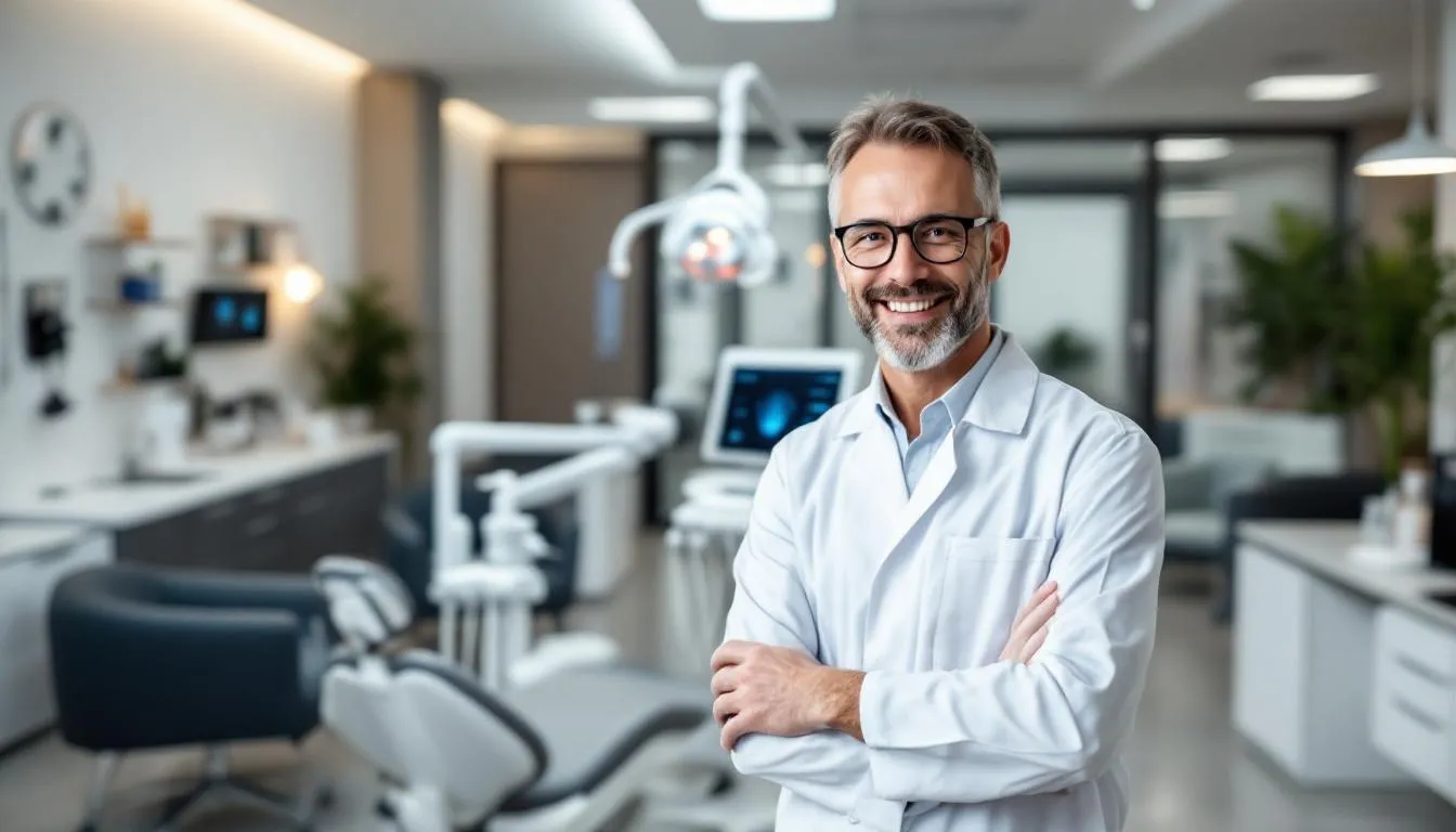 A happy dental professional stands confidently in their own dental practice, feeling accomplished after securing dental equipment financing to enhance their patient care capabilities. The image conveys a sense of success and financial health, highlighting the importance of equipment loans for practice owners in the dental industry.