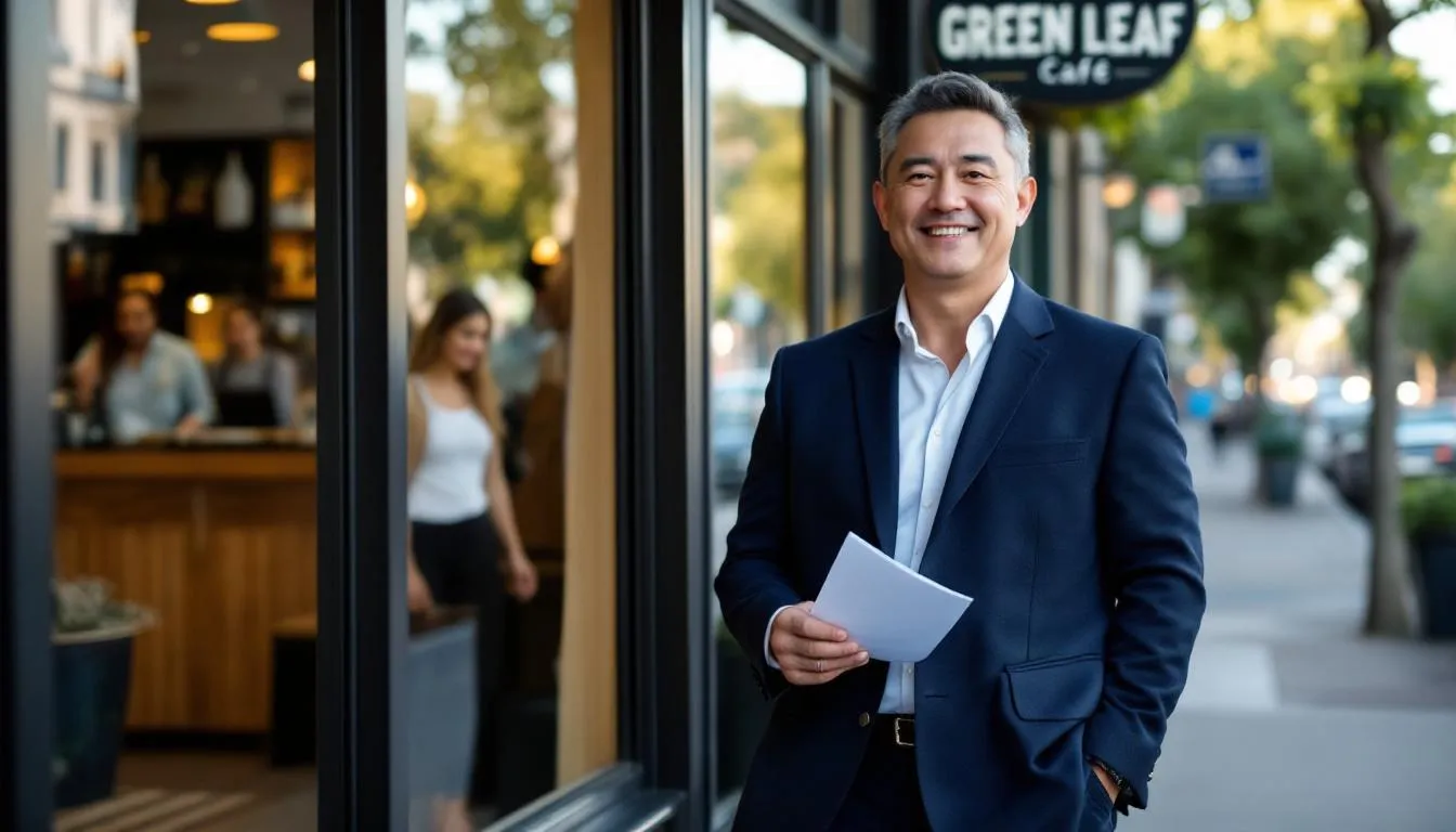 A confident small business owner stands proudly in their office, having successfully secured a small business loan with competitive interest rates to support ongoing operational expenses. The image conveys a sense of achievement in financial planning and the potential for growth through effective business financing options.