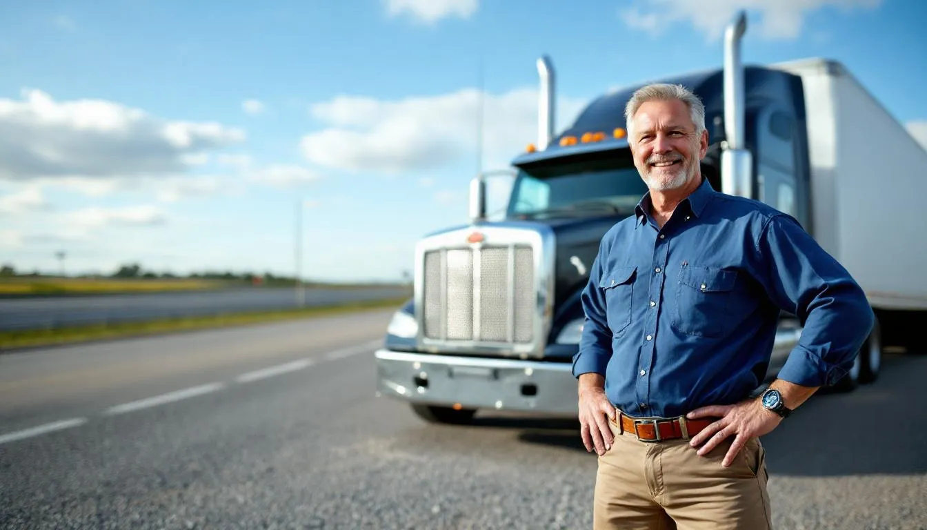 In this image, a confident owner-operator (operating authority) stands proudly in front of his commercial semi-truck, symbolizing success in the trucking business after securing freight factoring services. The scene captures the essence of the transportation industry, highlighting the importance of cash flow and the benefits of working with factoring companies for managing outstanding invoices.