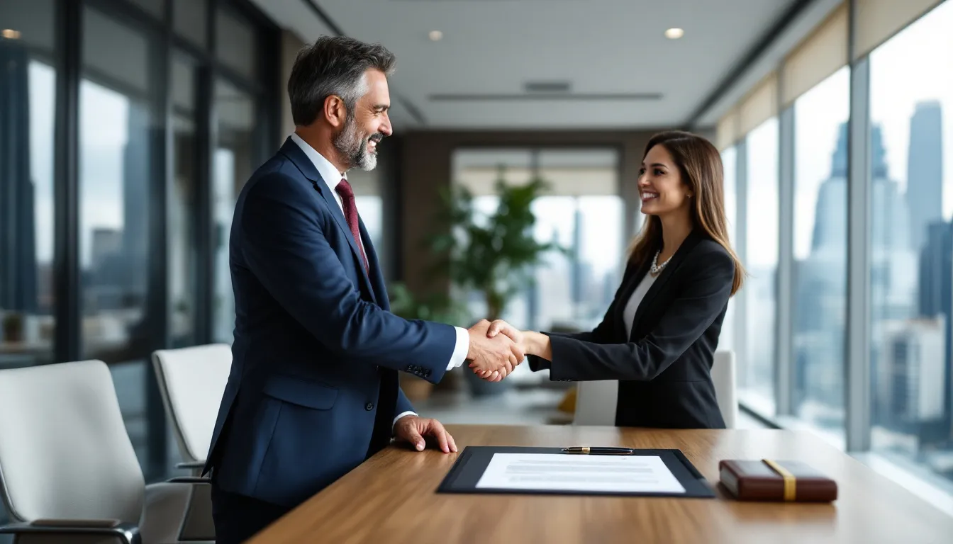 In the image, two business partners are shaking hands, symbolizing a successful buyout process based on their partnership agreement, as they part on positive terms. This moment reflects the completion of a business partner buyout, emphasizing their commitment to maintaining a positive relationship despite the changes in their business partnership.
