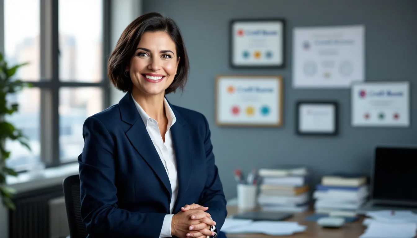 The image depicts a small business owner, smiling confidently as they review their improved credit reports from the three major credit bureaus: Equifax, Experian, and TransUnion. This positive change in their credit information reflects their successful efforts in managing payments and maintaining a healthy credit profile, which can lead to better lending decisions and lower interest rates.
