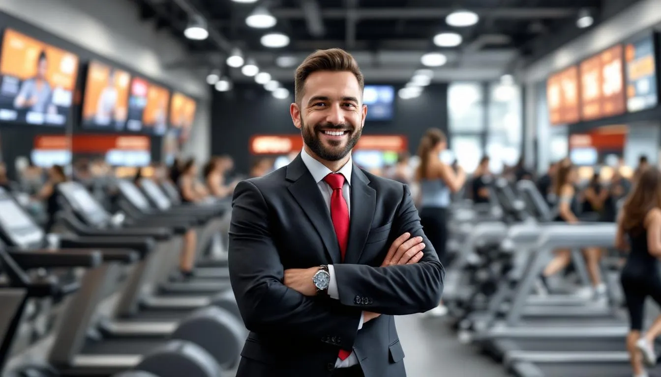 A happy gym owner stands proudly in a bustling fitness center filled with people using new and sleek gym equipment, showcasing the success achieved through effective financing solutions for workout equipment. The atmosphere reflects a thriving business environment, highlighting the benefits of smart gym equipment financing.