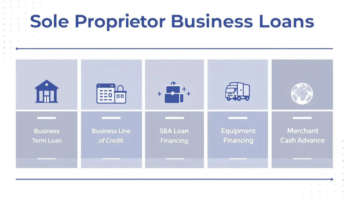 An image titled "Sole Proprietor Business Loans" showcases a grid of five different loan types, each represented by an icon, including Business Term Loan, Business Line of Credit, SBA Loan, Equipment Financing, and Merchant Cash Advance, providing essential financing options for small business owners and sole proprietors.