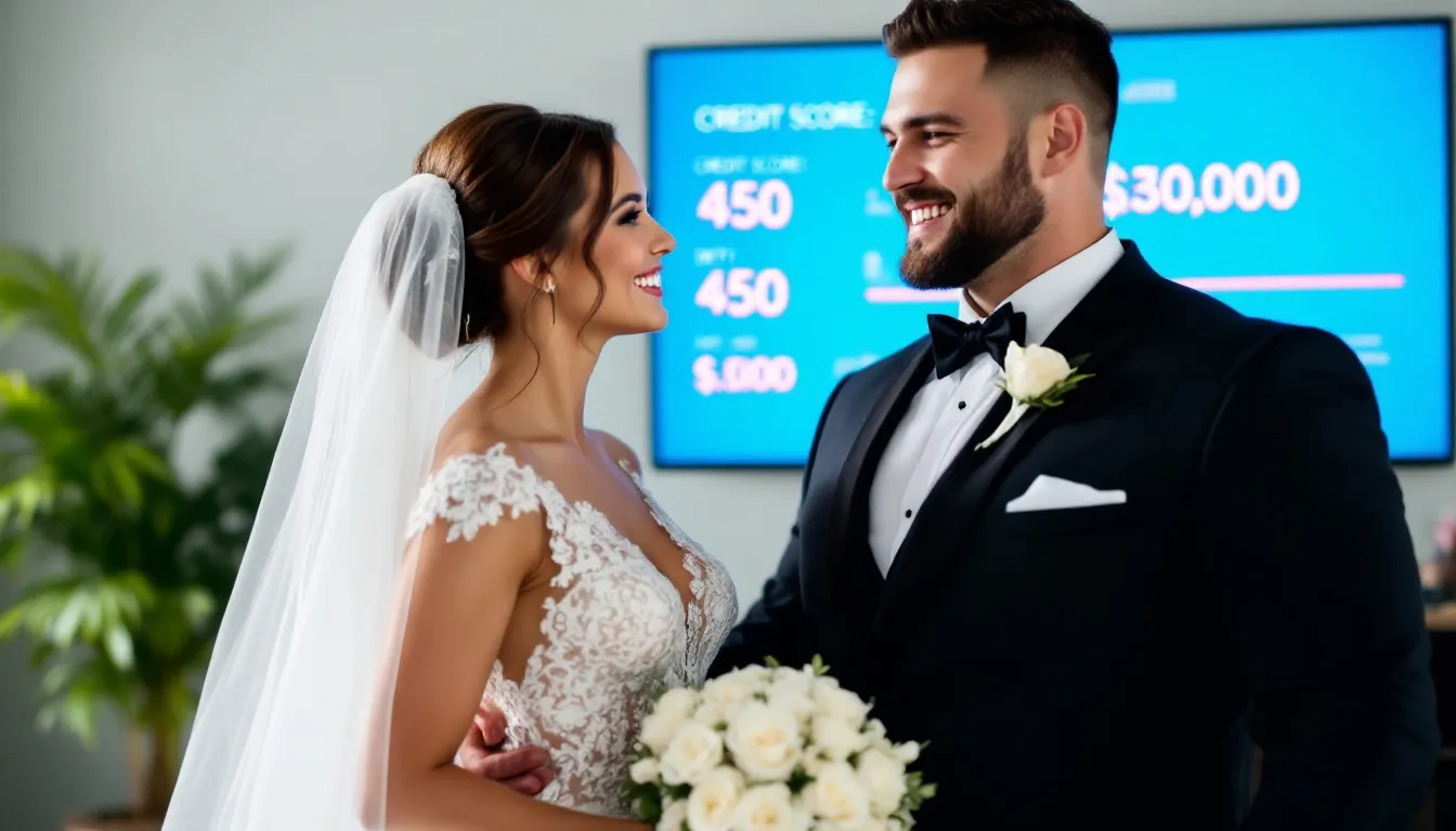 A happy young couple stands together in their wedding attire, with the bride in a beautiful white dress and the groom in a classic black suit, facing the camera. Behind them, a visible credit report highlights concerns about bad credit, symbolizing the potential impact of one spouse's poor credit history on their future financial decisions and credit scores.