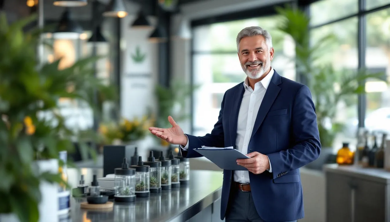 A confident cannabis business owner stands proudly, having successfully secured cannabis equipment financing with flexible terms, which allows for better cash flow management and purchasing power for the right equipment. The image captures the essence of growth and success in the cannabis industry, highlighting the importance of tailored financing options for unique business needs.