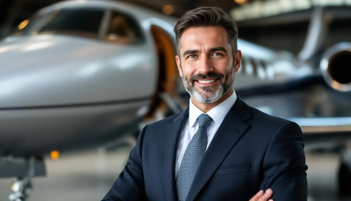 A confident small business owner gazes into the camera with a successful demeanor, standing in front of a sleek business jet, symbolizing the potential of aircraft financing for corporate ventures. The image highlights the importance of strategic financing options, such as aircraft loans, to enhance business growth and cash flow.