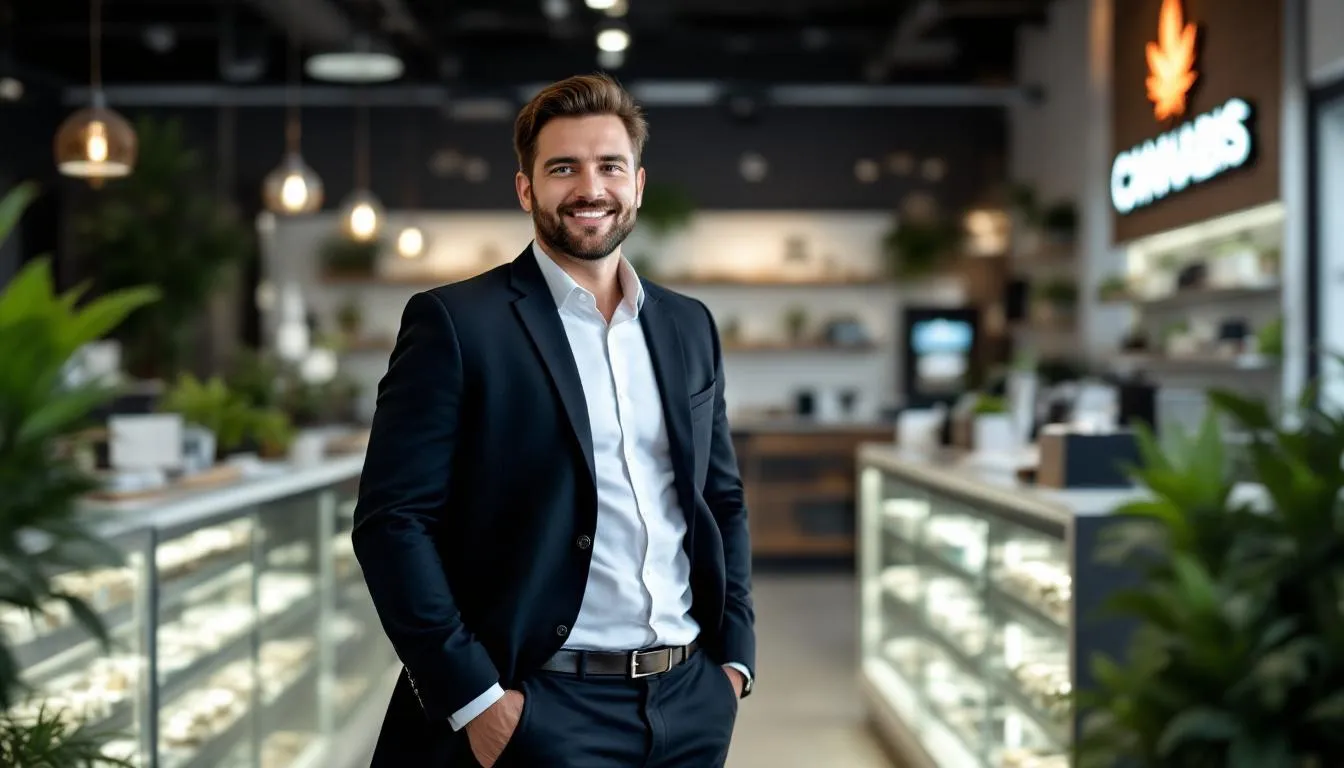 A confident cannabis business owner stands in a well-stocked dispensary, showcasing their success after securing a cannabis business loan for growth. The image reflects the thriving cannabis industry and the importance of business financing in supporting cannabis companies.