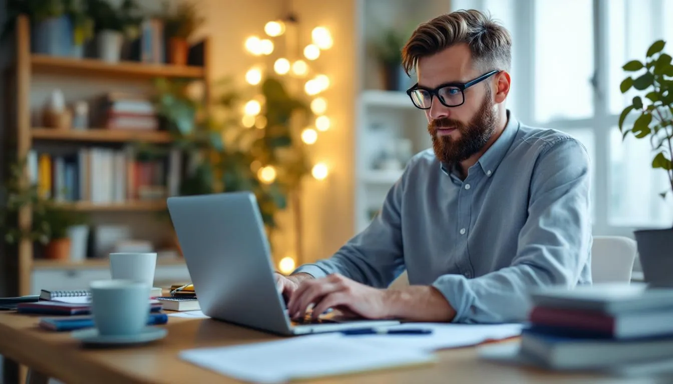 A small business owner is sitting at a desk, reviewing documents and conducting research on how to apply for a business acquisition loan. They are focused on understanding the process, including factors like loan amounts, repayment terms, and the requirements from banks and online lenders.