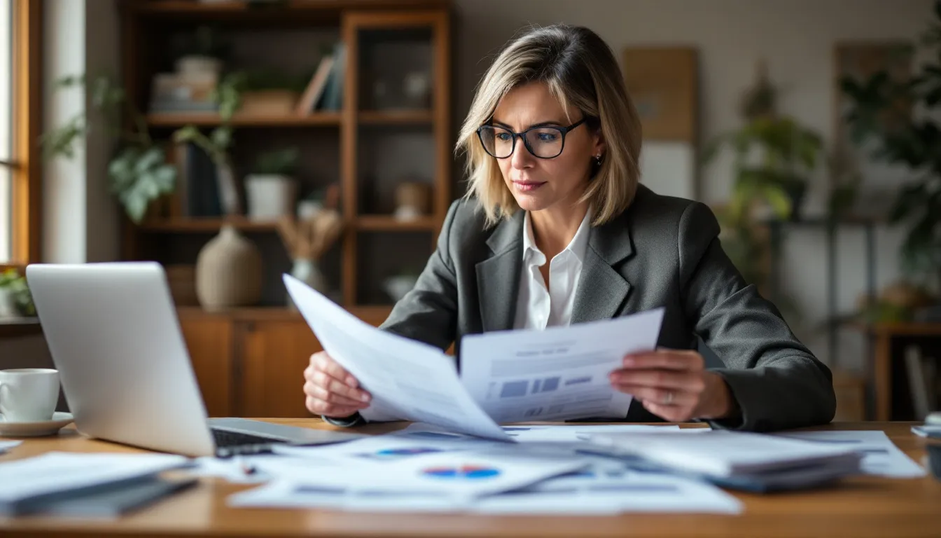 A small business merchant is sitting at a desk, reviewing various loan offers from different lenders, contemplating the best options to choose from in the online loan marketplace. The scene emphasizes the importance of comparing interest rates and terms to secure the most favorable loan for their business needs.
