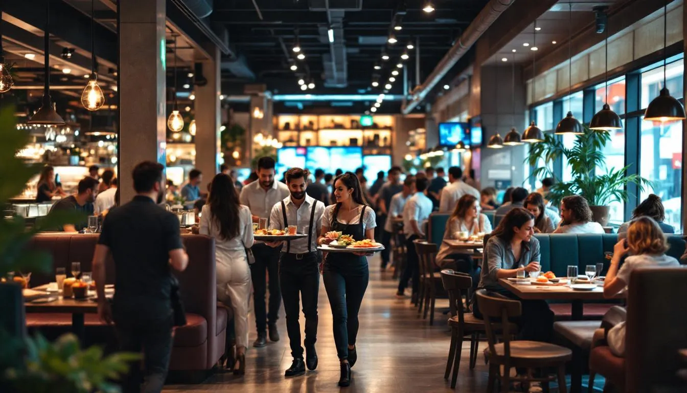 In a bustling and trendy restaurant, numerous customers enjoy their meals while attentive waitstaff deliver food, indicating a thriving restaurant business. The scene reflects the importance of managing cash flow and maintaining healthy working capital for restaurant owners to ensure sustainable success in the competitive restaurant industry.