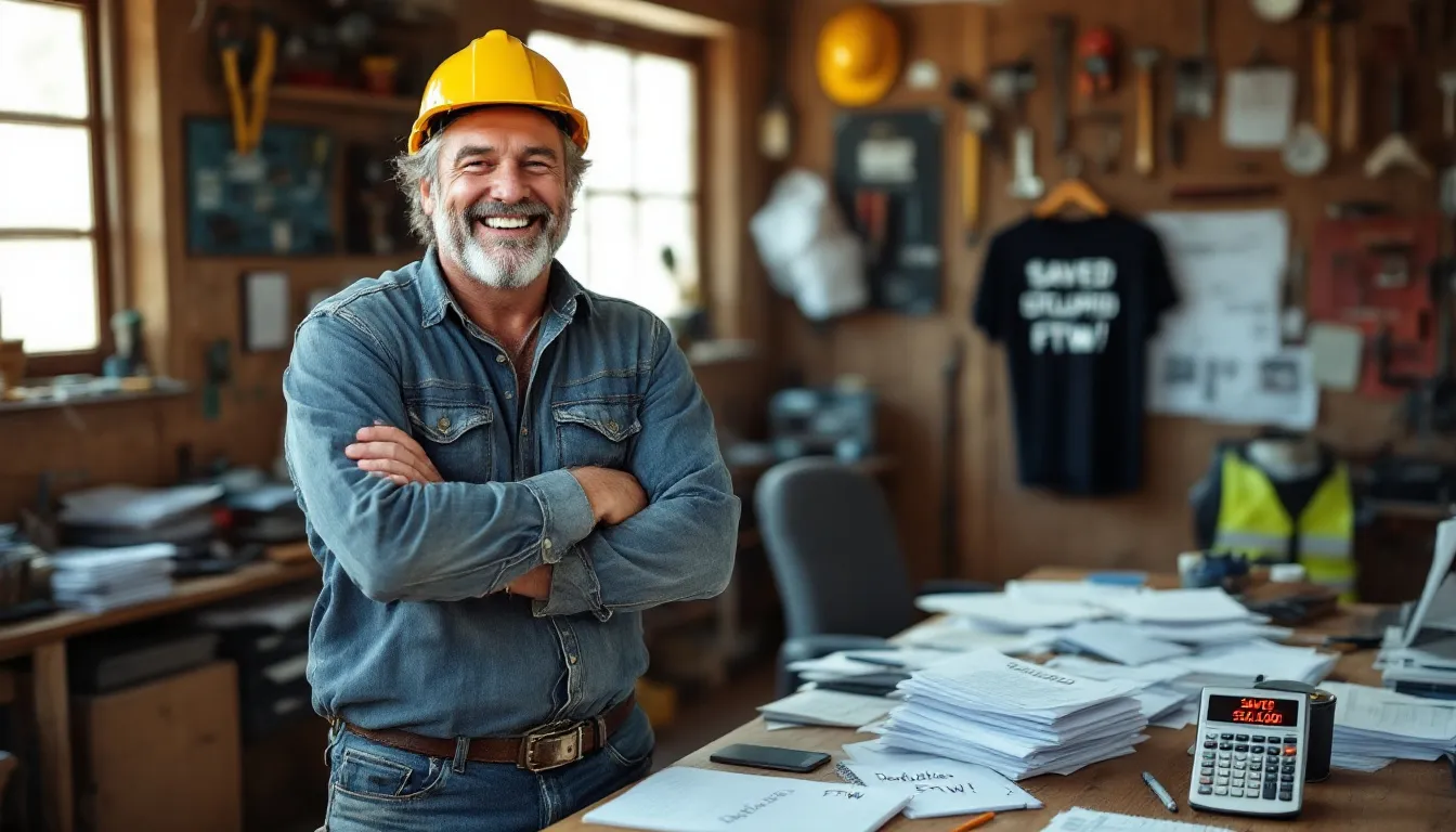 A cheerful construction contractor is celebrating after completing their taxes, including social security tax, feeling satisfied with the savings achieved through various tax deductions such as business expenses and health insurance premiums. The image captures the relief and happiness of a self-employed individual who has effectively managed their tax return and minimized their tax bill.