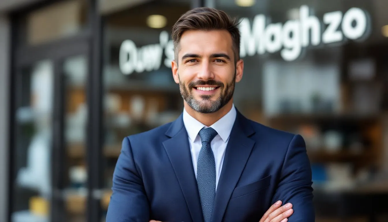 A confident small business owner stands proudly, reflecting success after securing a bad credit business loan. This image highlights the positive impact of alternative funding options on personal finances and business growth for small business owners.