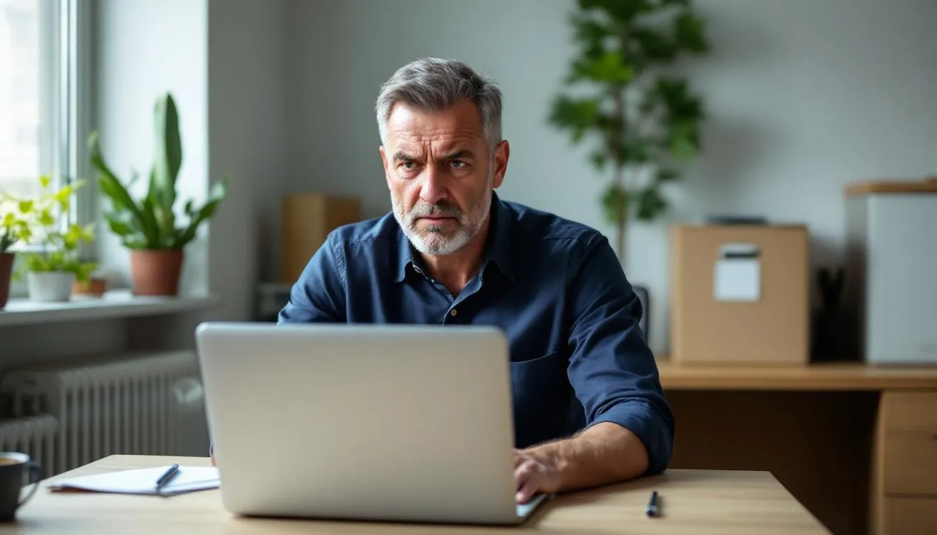 A concerned cannabis business owner sits at a desk, surrounded by documents and a laptop, as they research various loan options to secure financing for their cannabis operations. The image highlights the unique challenges faced by cannabis business owners in navigating the loan process and finding suitable cannabis business loans.