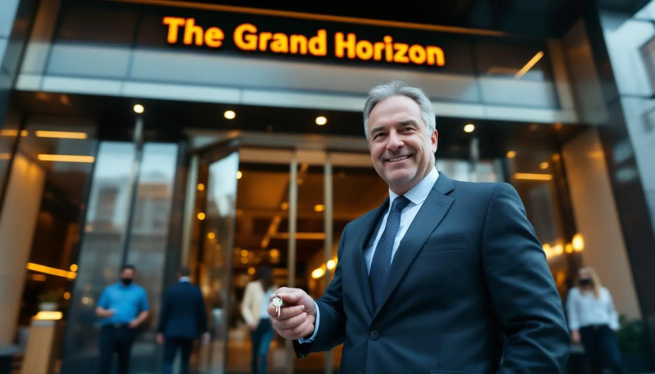 A business owner stands proudly in front of their own hotel, symbolizing the successful completion of the loan closing process for permanent financing. This moment reflects their journey in the hospitality industry, showcasing the importance of hotel loans and financial planning in achieving their dream of owning a hotel property.