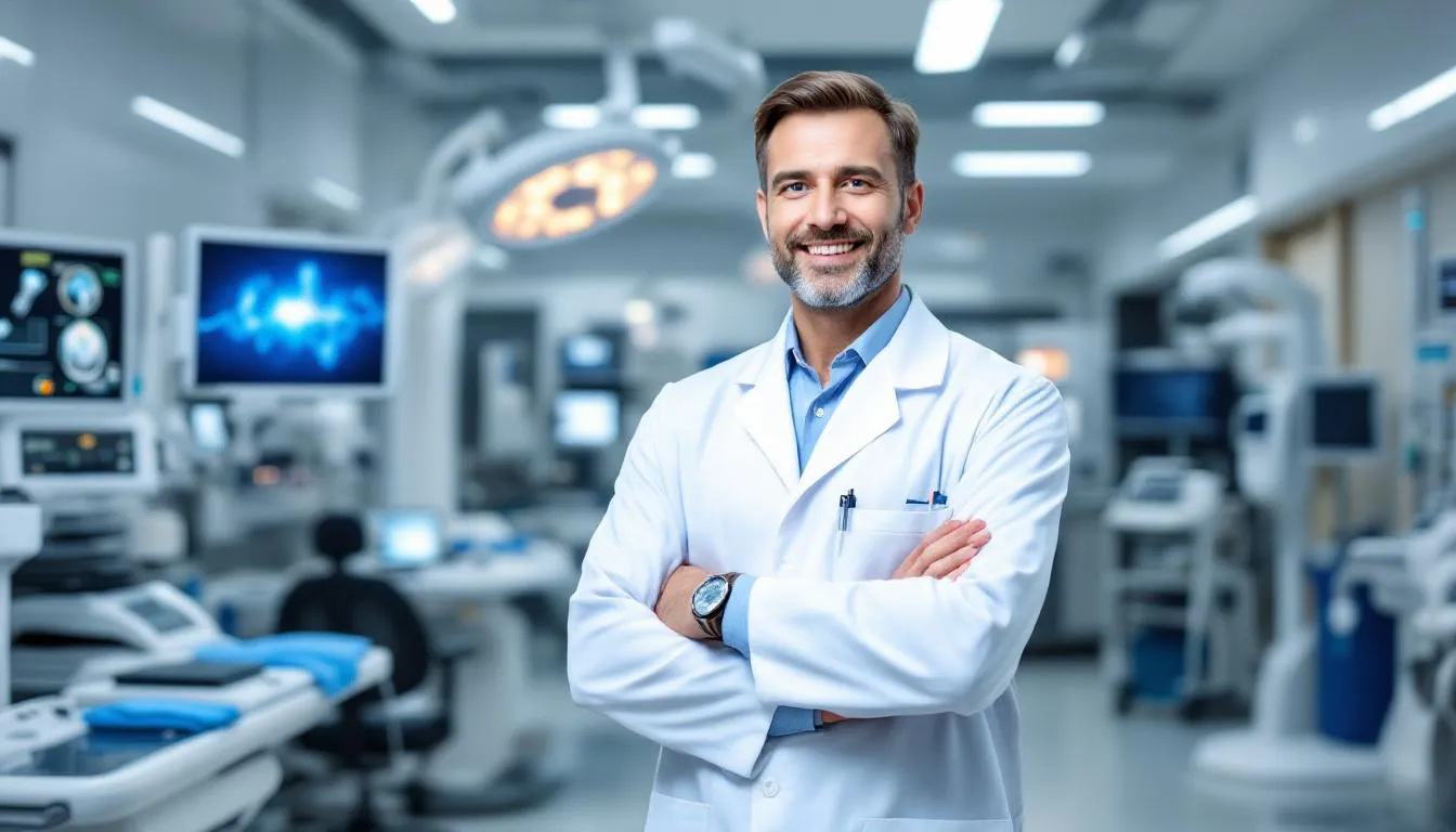 A confident medical professional stands in a pristine healthcare facility surrounded by state-of-the-art medical equipment, highlighting the importance of medical equipment financing for healthcare providers. The environment suggests a commitment to providing the best patient experience while utilizing financing solutions to acquire the right equipment for their practice.