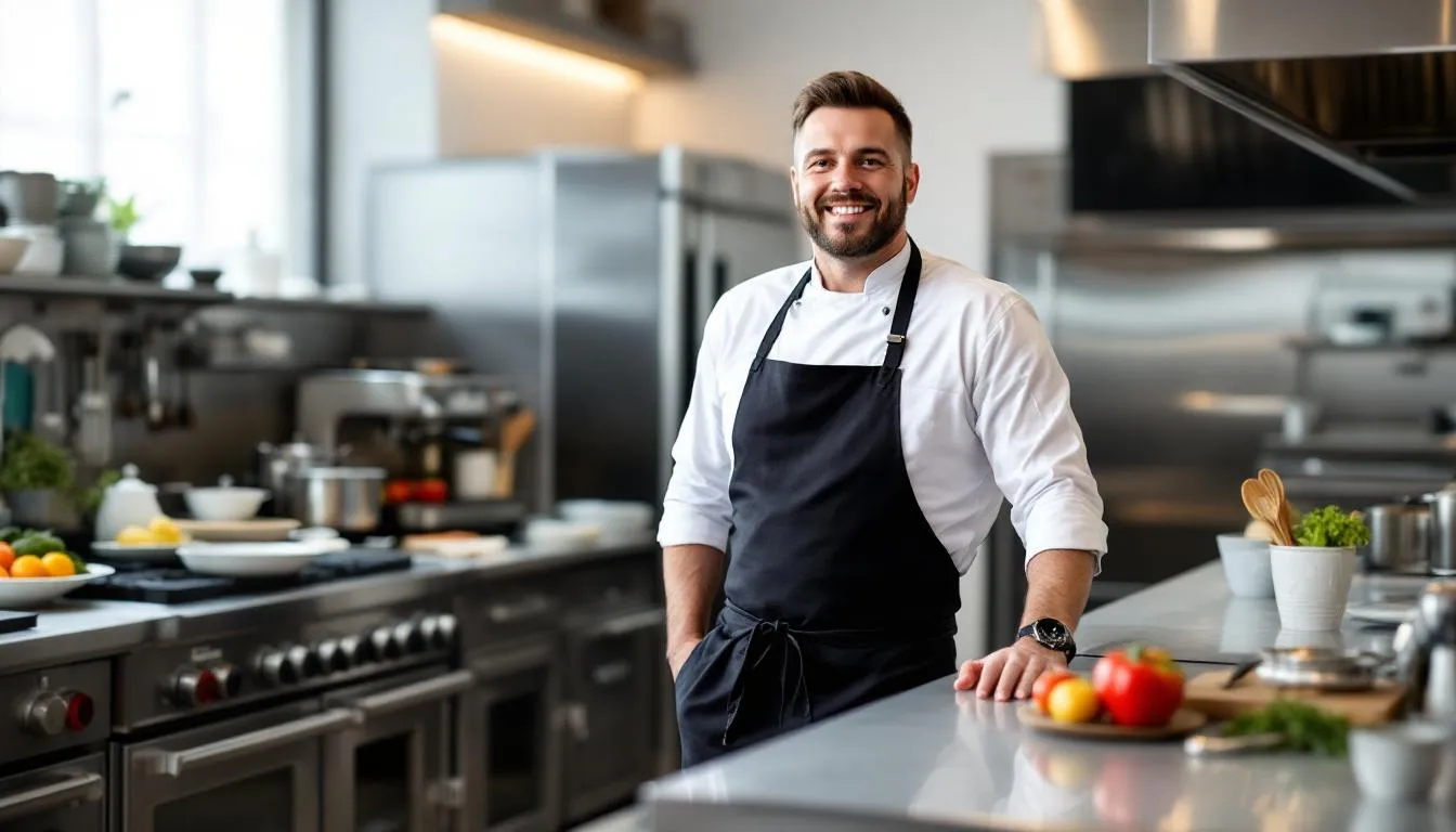 A confident restaurant owner stands proudly in a modern kitchen filled with new commercial kitchen equipment, ready to enhance the customer experience and elevate their restaurant business. The gleaming kitchen appliances symbolize the success achieved through strategic restaurant equipment financing options, allowing for improved food quality and customer satisfaction.