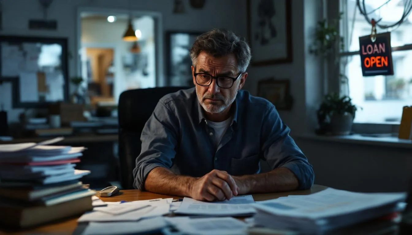 A small business owner is depicted looking distressed while reviewing documents related to their outstanding SBA loan balance. The image conveys the emotional toll of financial hardship and the potential consequences of defaulting on an SBA loan, highlighting the challenges small business owners face in managing their business finances and loan payments.