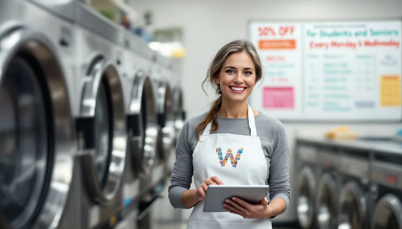 A small business owner is seen strategizing for a successful laundromat business, surrounded by notes and charts detailing startup costs, ongoing operational costs, and market analysis. The scene emphasizes the importance of a solid business plan and financial planning for opening a laundromat.