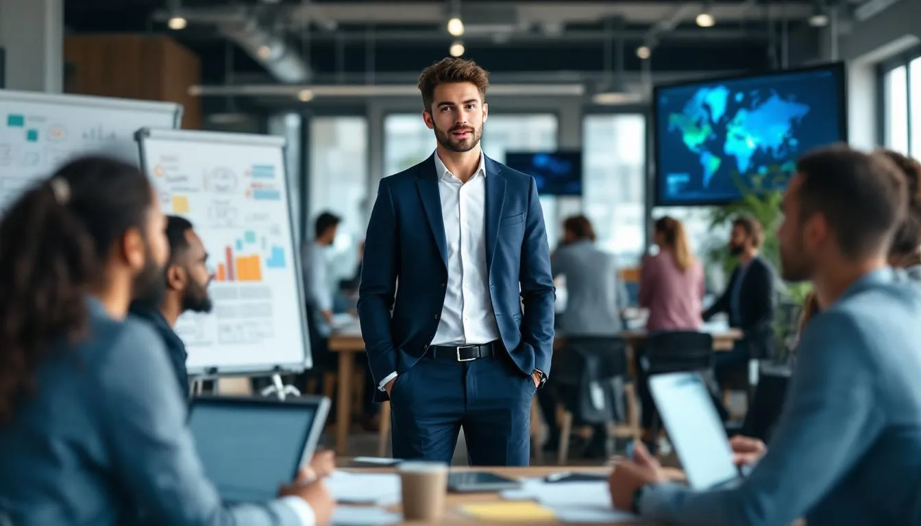 In the image, a young entrepreneur is leading a diverse team meeting at an energetic startup, with a transparent overlay displaying the title "First Time Business Loans." The scene reflects a collaborative atmosphere where business owners discuss strategies for securing funding and support for their small businesses.