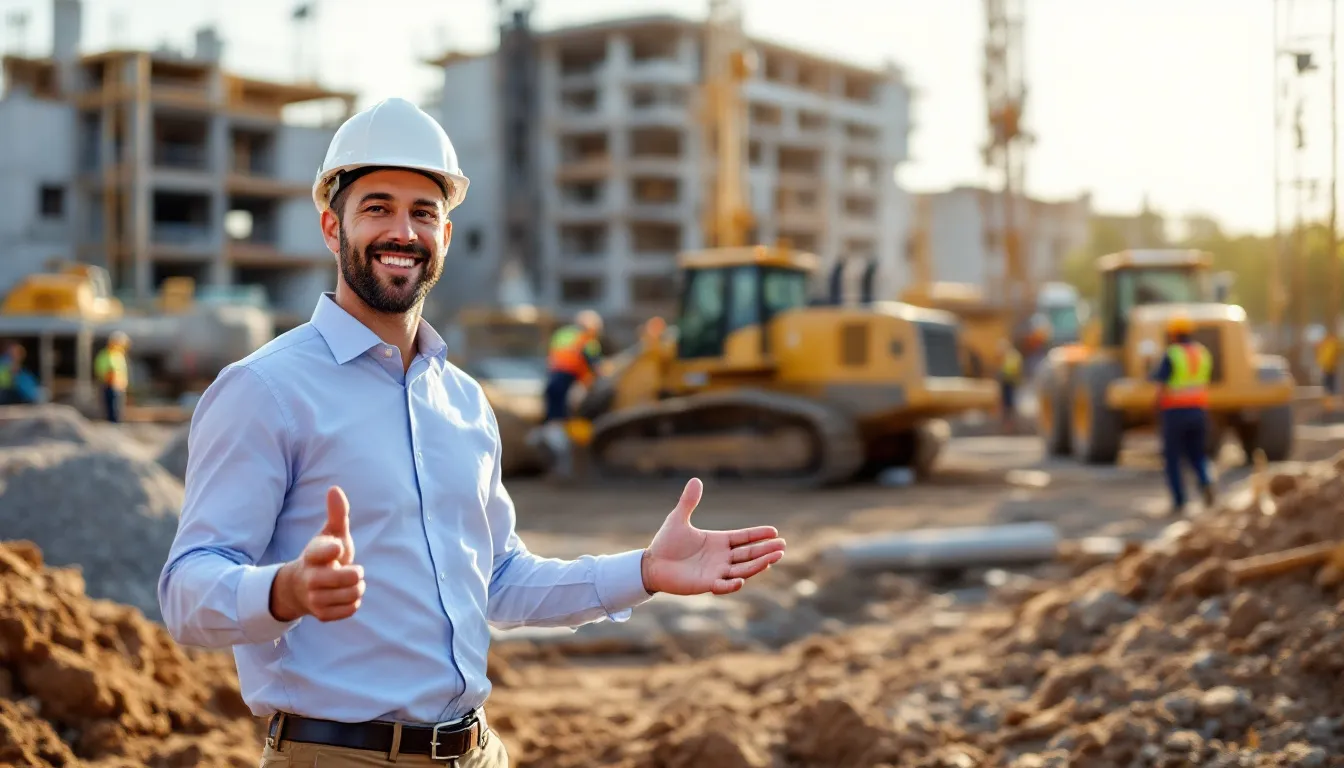 A small business owner stands proudly on a bustling construction site, surrounded by heavy construction equipment and workers actively engaged in their tasks, reflecting the success and growth of their established business in the construction industry. The scene captures the essence of business operations running smoothly, highlighting the importance of equipment financing options for small business owners.