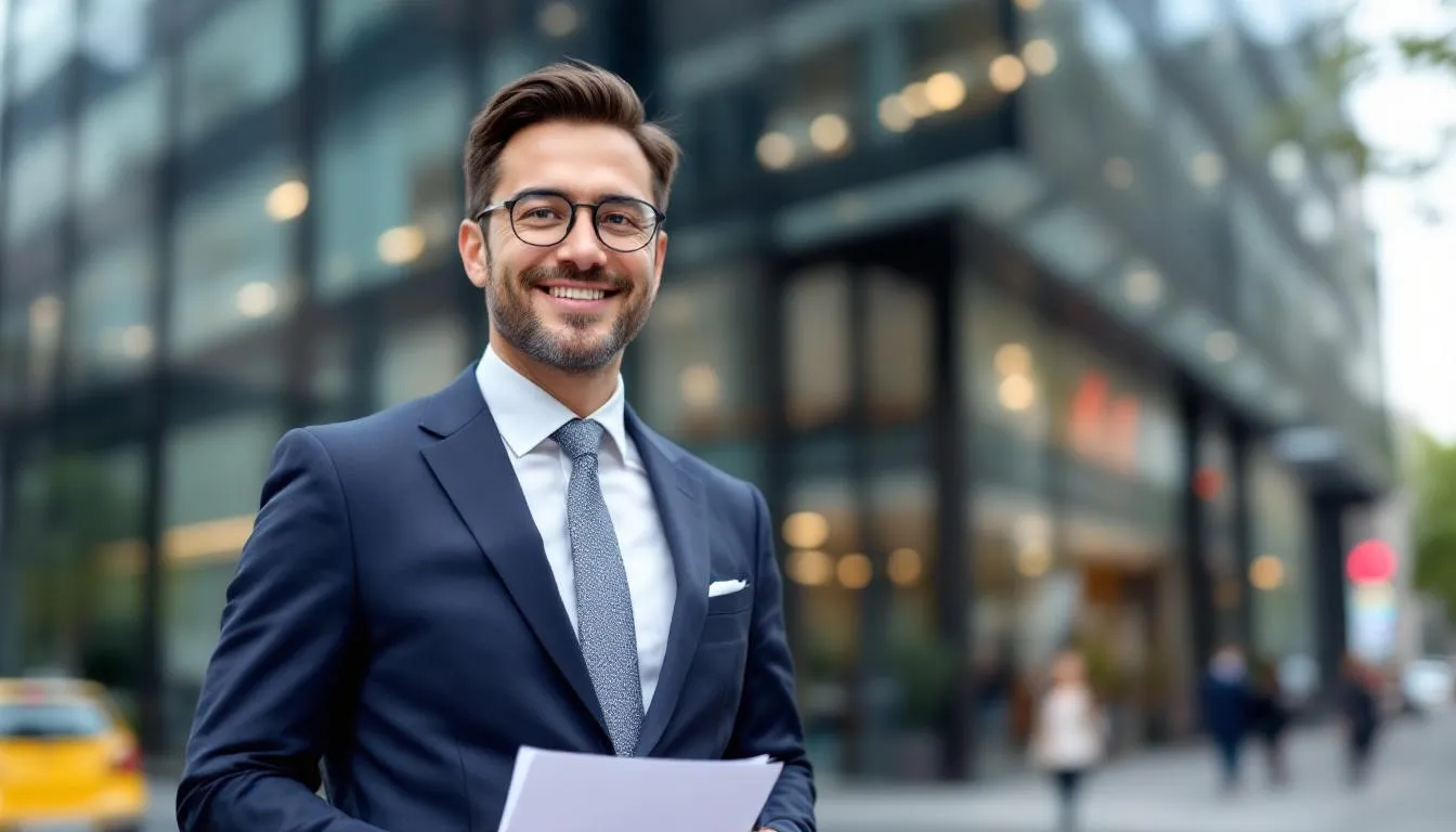 A confident small business owner stands proudly in front of their newly acquired office building, reflecting success after securing a commercial real estate loan. This image symbolizes the positive impact of commercial real estate financing on small businesses and their growth potential.