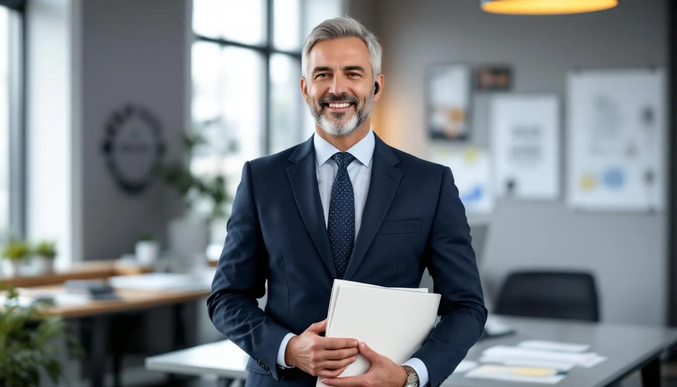 An independent contractor stands confidently with a smile, holding a Lowe's business credit card, symbolizing their success in obtaining a Lowe's commercial account. The image conveys a sense of achievement in building business credit and managing financial resources effectively.
