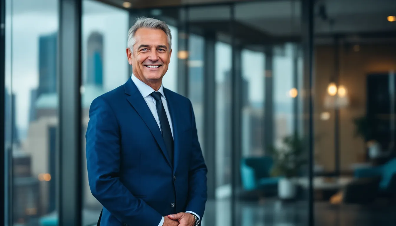 A confident business owner stands proudly in their office, holding a business card that reflects their chosen title, such as CEO or general manager, symbolizing their active involvement in the company's operations and long-term strategy. The setting conveys a sense of professionalism and commitment to the company's goals and culture.