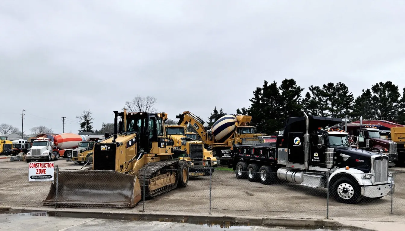 A busy construction yard is filled with various heavy equipment, including bulldozers, backhoes, cement trucks, and dump trucks, all essential for business purposes. These vehicles, often exceeding 6,000 lbs, may qualify for immediate tax benefits under the section 179 tax deduction, providing significant tax savings for small business owners.