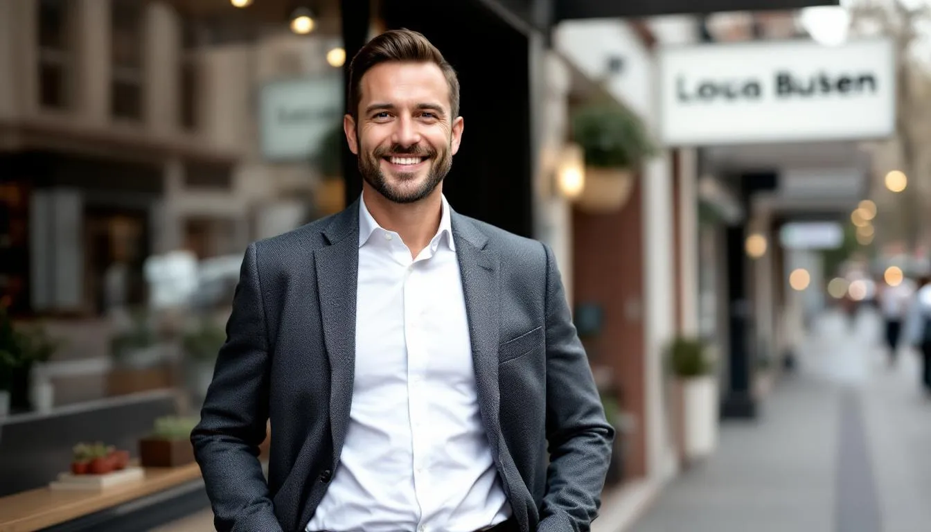 A confident small business owner stands proudly, showcasing their success after borrowing money to grow their enterprise. The image conveys a sense of achievement, highlighting the importance of financing options like small business loans and the role of a solid business plan in obtaining favorable loan terms.