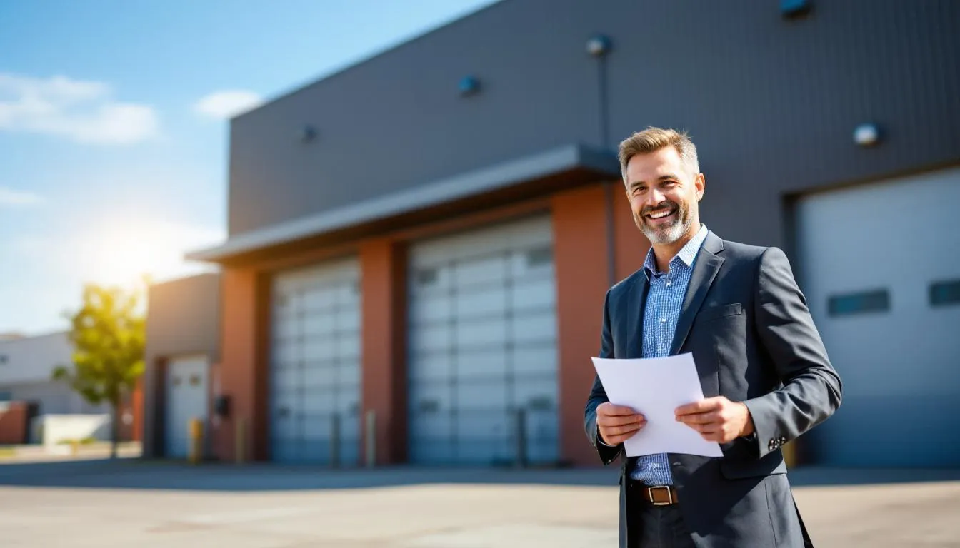 A small business owner stands proudly in front of a newly purchased factory, showcasing the success achieved through an SBA loan for commercial real estate. This image highlights the importance of small business administration programs in helping entrepreneurs finance their working capital and expand their operations.